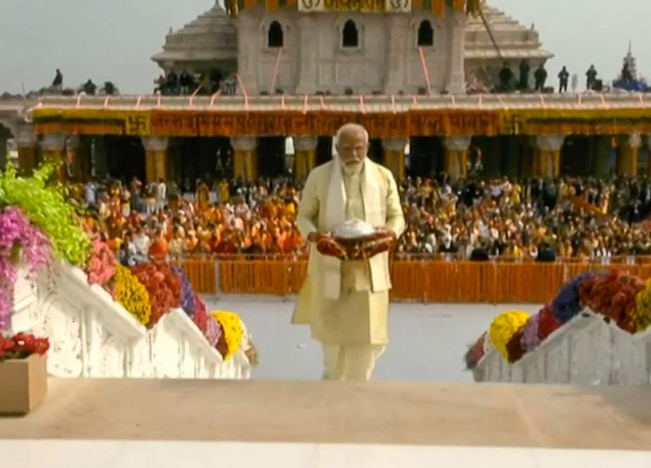 Narendra Modi  India’s Prime Minister walking at the Ram temple in Ayodhya in India’