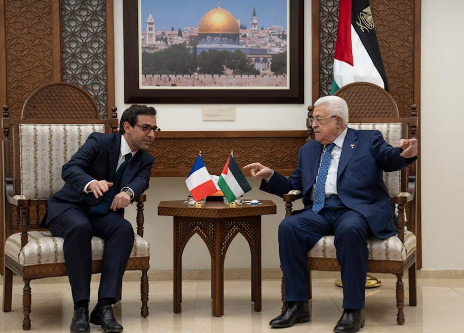 Palestinian President Mahmoud Abbas and French Foreign Minister Stephane Sejourne