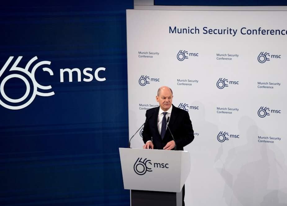 German Chancellor Olaf Scholz delivers a speech at the Munich Security Conference at the Bayerischer Hof Hotel in Munich, Germany
