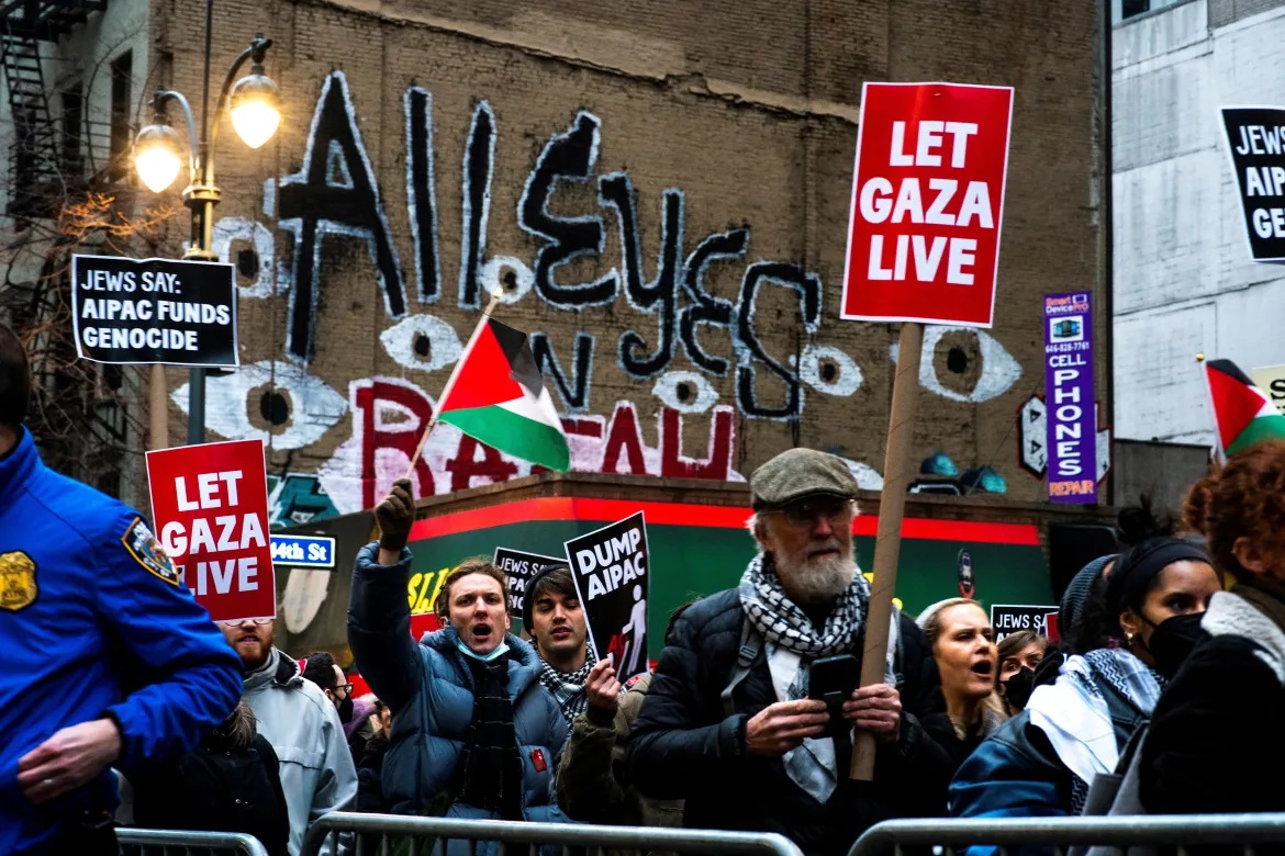 Protesters held a banner declaring 'AIPAC funds genocide', while participants chanted 'Free Palestine', 'Let Gaza live', 'Stop the genocide' and 'Ceasefire now'.