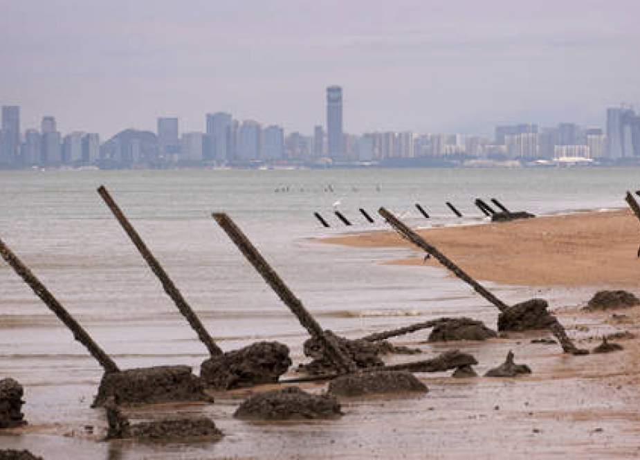 Wartime anti-tank obstacles on a beach in Kinmen, Taiwan