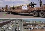 Yemeni forces show ballistic missiles in a parade.