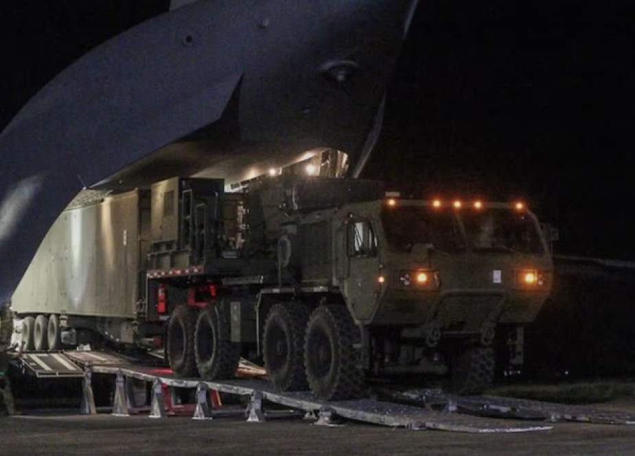 A US-made Typhoon Mid-Range Capability (MRC) missile system being unloaded from a cargo plane