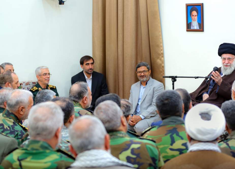 Leader of the Islamic Revolution Ayatollah Seyyed Ali Khamenei addresses a group of high-ranking Iranian military commanders and figures in the capital Tehran