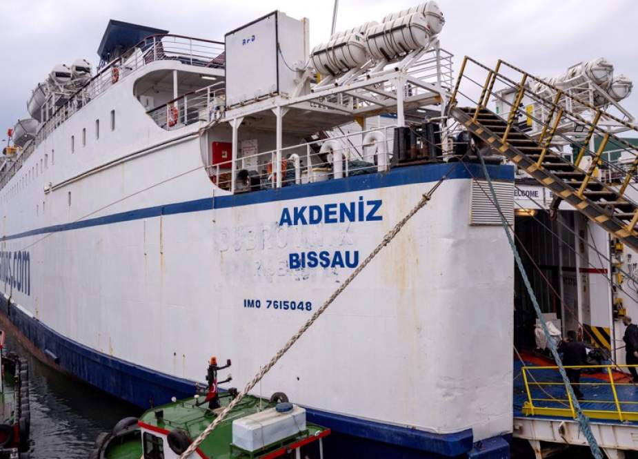 The Akdeniz RoRo, part of the Freedom Flotilla Coalition, waits to depart from the Tuzla seaport, near Istanbul