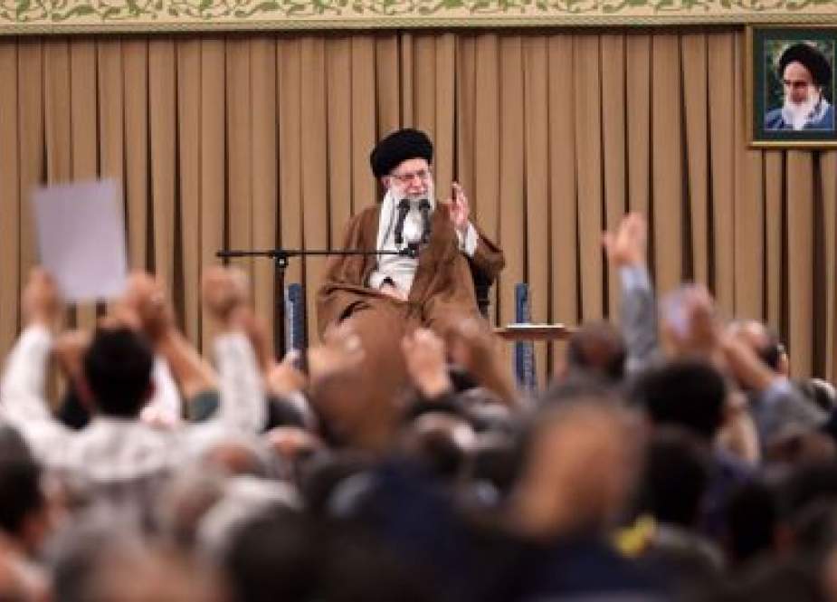 Leader of the Islamic Revolution Ayatollah Seyyed Ali Khamenei addresses a group of Iranian workers