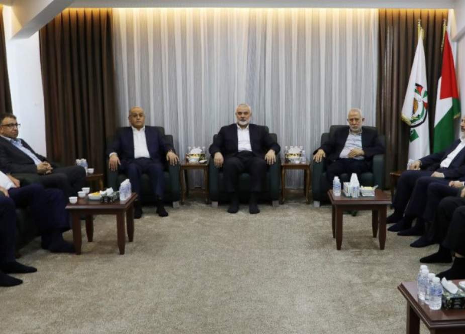 Palestinian Hamas resistance group Ismail Haniyeh (C), the Islamic Jihad’s deputy chief Mohammad al-Hindi (R), and Jamil Mazhar, deputy secretary general of the Popular Front for the Liberation of Palestine