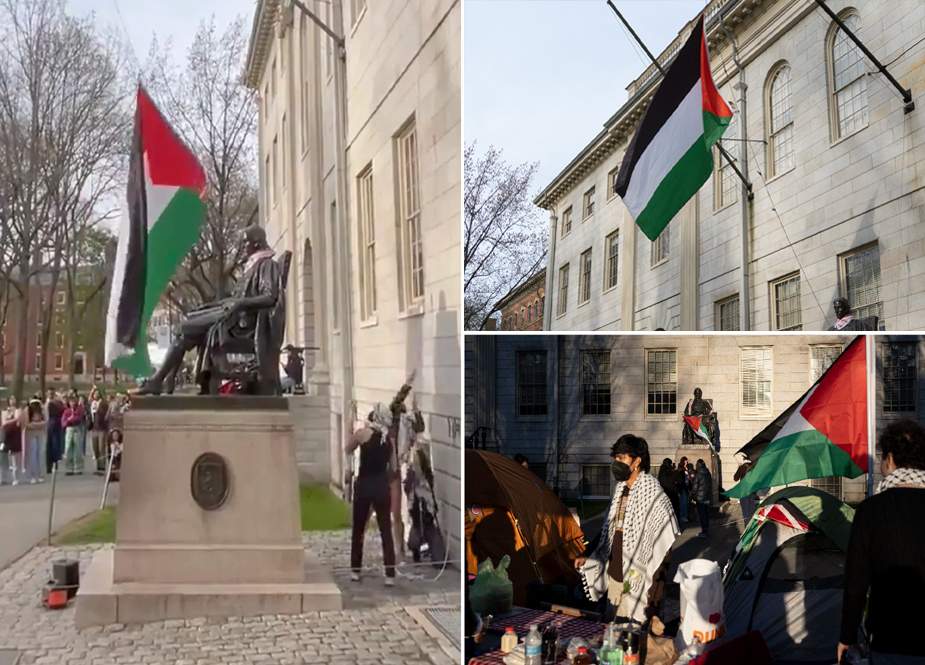 اسرائیلی جارحیت کیخلاف مظاہرے، ہارورڈ یونیورسٹی میں فلسطینی پرچم لہرا دیا گیا