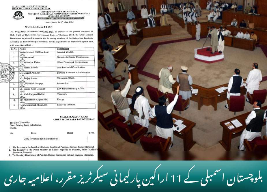 بلوچستان اسمبلی کے 11 اراکین پارلیمانی سیکرٹریز مقرر، اعلامیہ جاری