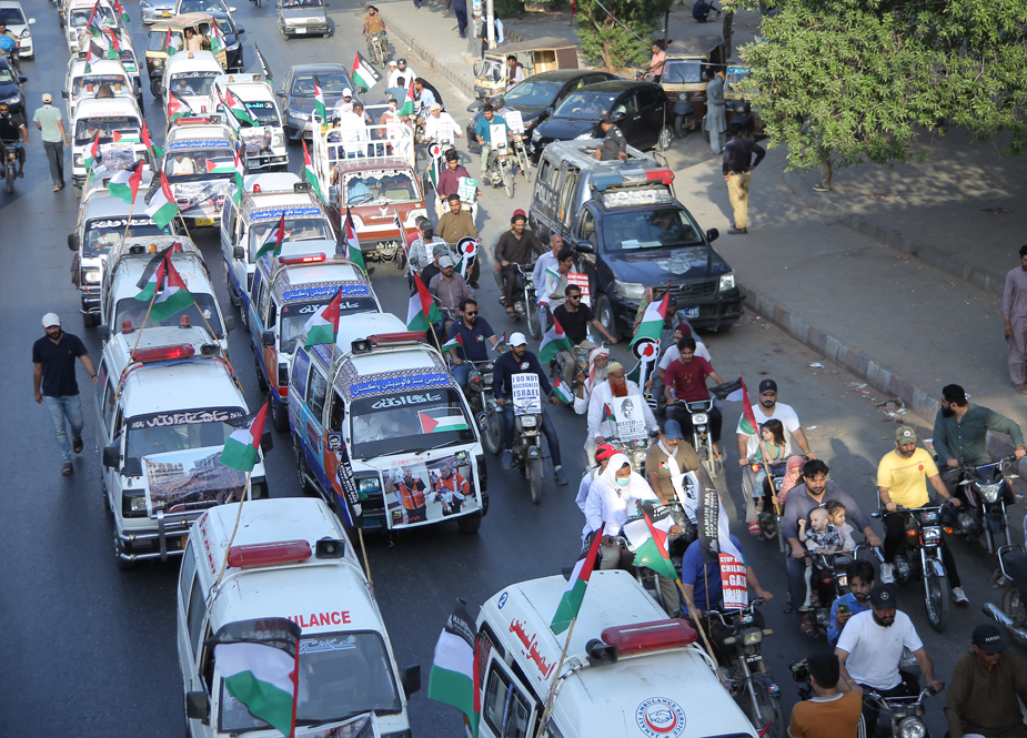 کراچی، فلسطین فاؤنڈیشن کے زیر اہتمام ایمبولینس کاروان برائے یکجہتی فلسطین کا انعقاد