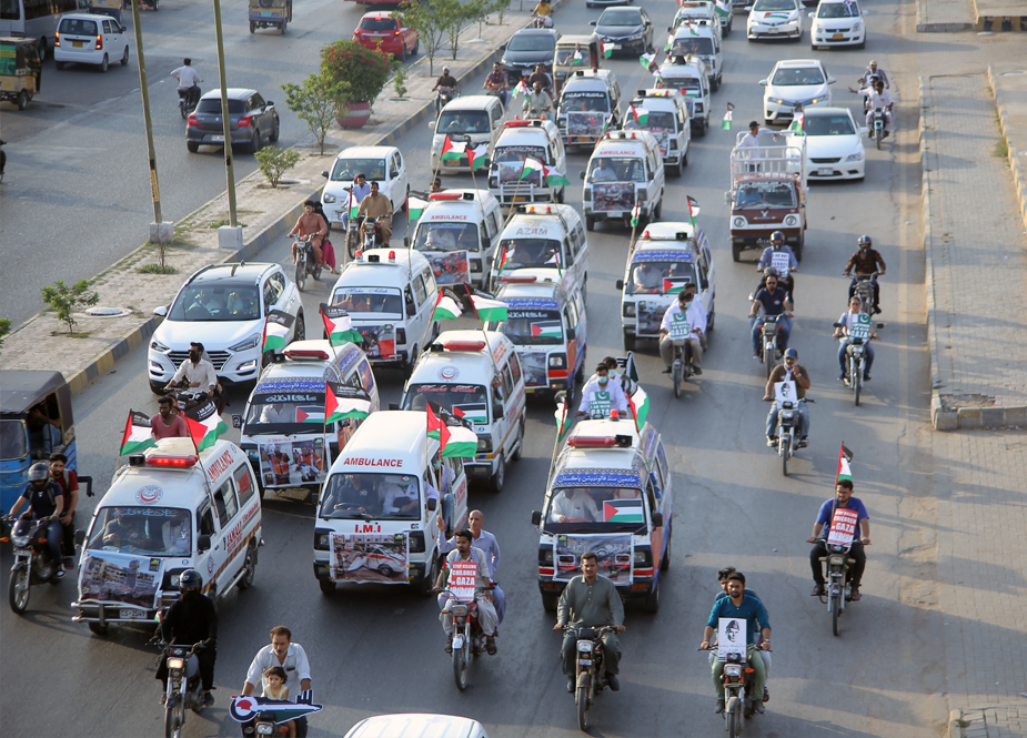 کراچی، فلسطین فاؤنڈیشن کے زیر اہتمام ایمبولینس کاروان برائے یکجہتی فلسطین کا انعقاد
