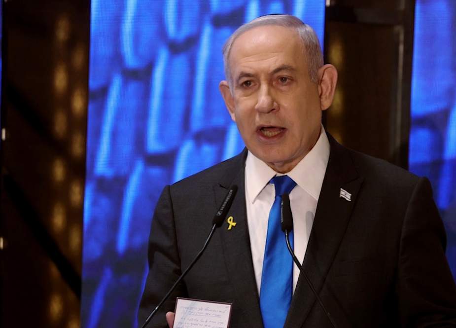 Israeli Prime Minister Benjamin Netanyahu addresses a ceremony marking Memorial Day for fallen soldiers